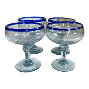 Set Of 4 Cobalt Blue Vintage Rimmed Margarita Glasses Recylced Glass Wide Base
